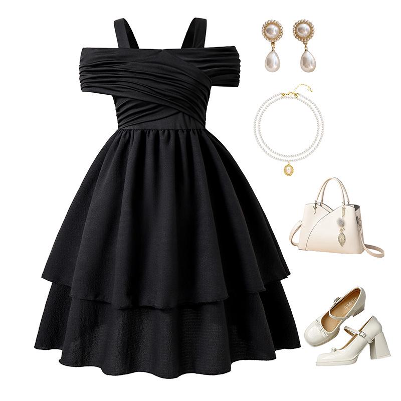 Girls' Princess Dress: 2025 Summer One-Shoulder Strappy Pleated Double-Layer Hem