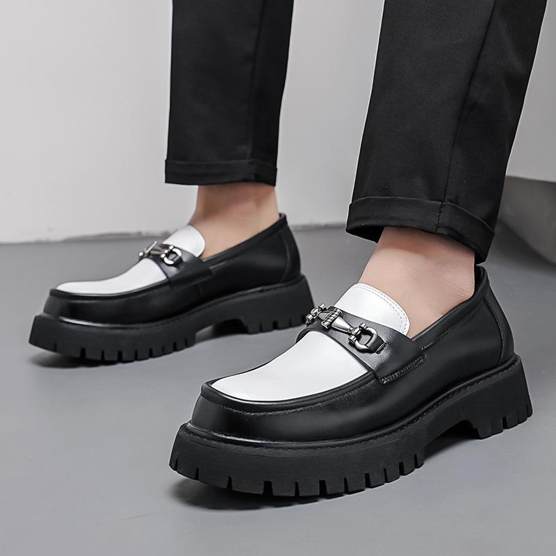 2025 new thick-soled heightening men's big-headed leather shoes patent leather glossy casual thick-heeled loafers hairstylist trendy shoes