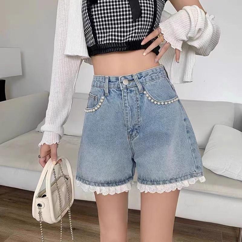 Hot Girl Denim Shorts Summer Sexy Lace Rhinestone High Waist Short Pants
