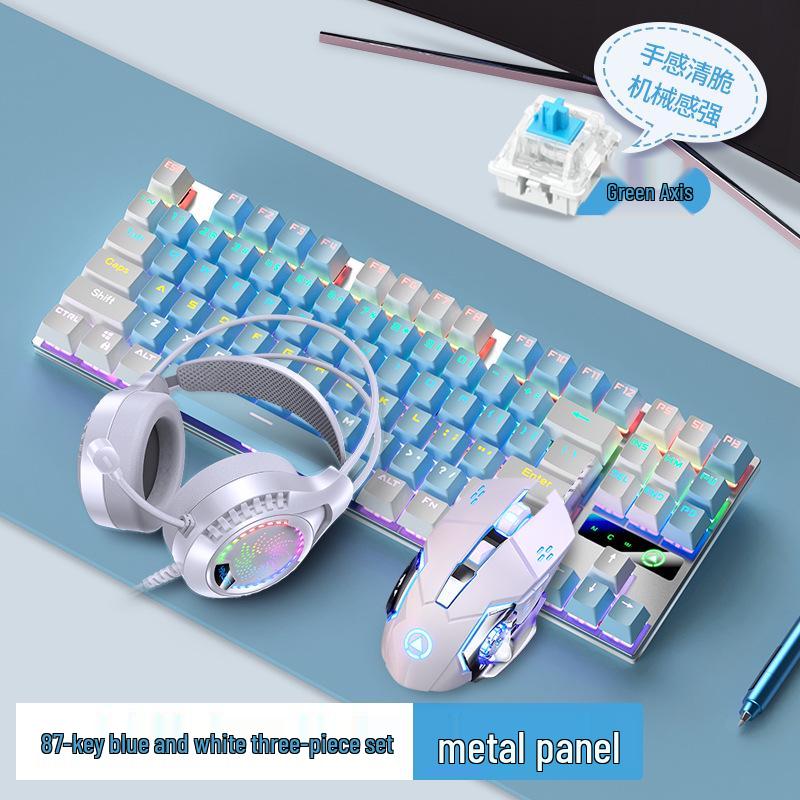 Silver Mechanical Keyboard, Mouse, and Headset Set - Blue/Black Switches, 87/104 Keys, Wired Gaming & Office E-Sports Bundle