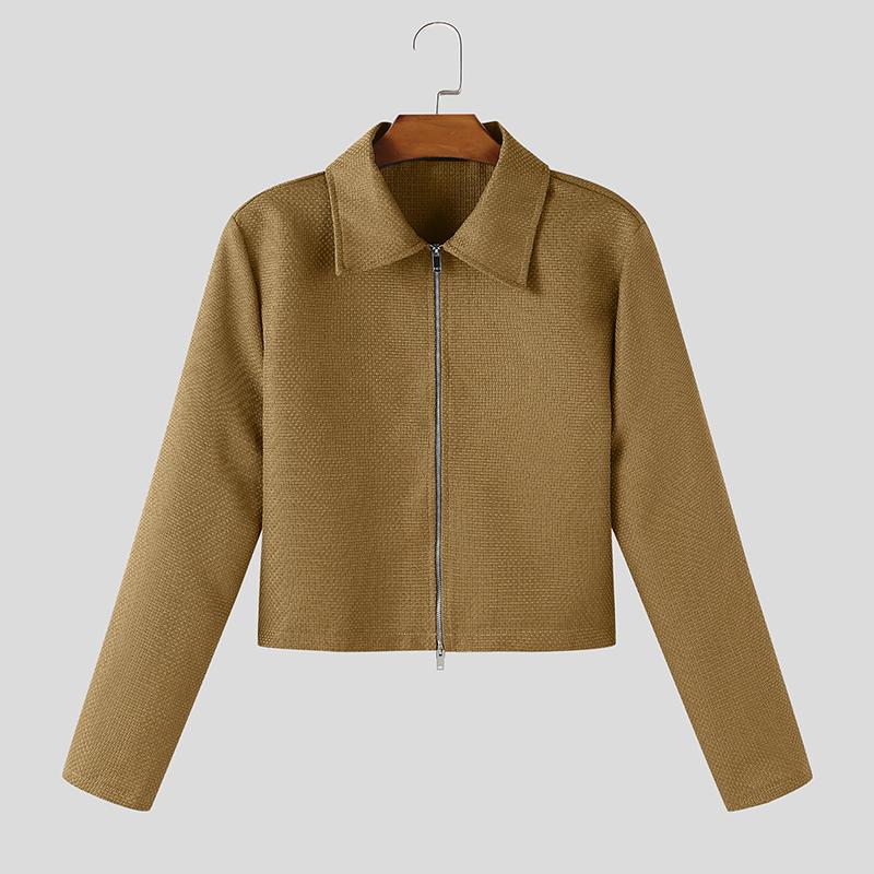 INCERUN Men Lapel Neck Long Sleeve Zip-Up Texture Cropped Casual Shirts