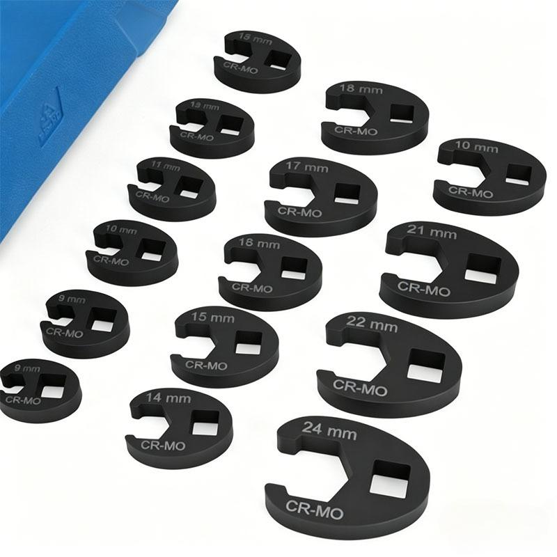 15Pcs Crowfoot Wrench Set for 8-24mm Trumpet Nuts, Suitable for 3/8" and 1/2" Drive Ratchet Extensioners, for Nut Removal