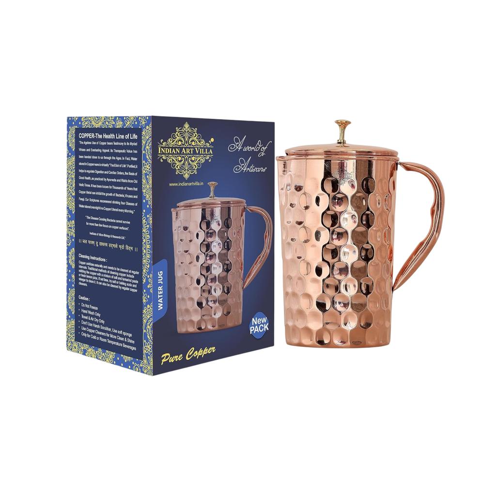 Медный кувшин (1000 мл), Diamond Design Copper Jug Pitcher with Brass Knob, Indian Art Villa
