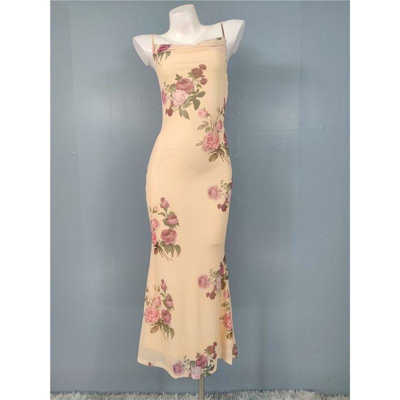 

Spring French style Stretch Mesh Holiday Style Bell Sleeve Top + Rose Print Swing Collar Sling Pure Desire Dress Beige Rose (skirt with suspenders) M