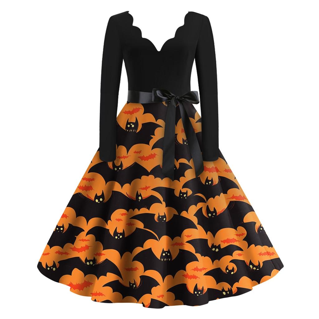 Women's Casual Fashion Halloween Printed V-Neck Vintage Dress