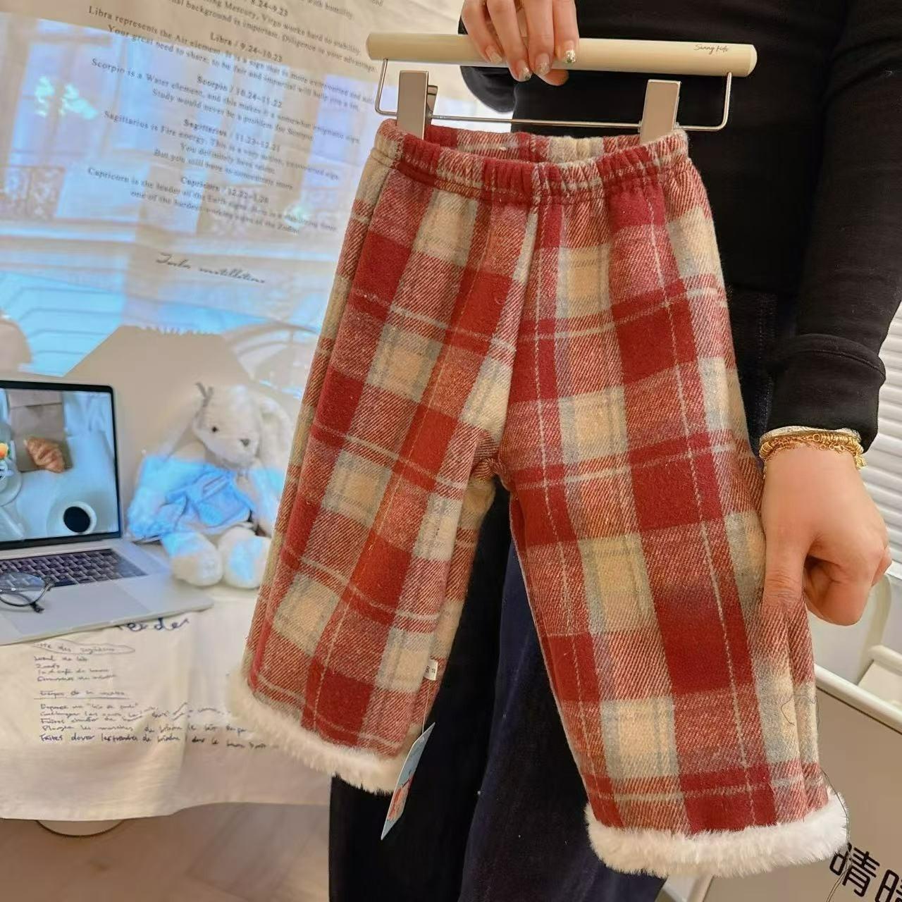 

Girls Warm Plaid Pants, Lamb Velvet Casual Pants, Plus Velvet Thickened Wide-leg Pants 80 червоний