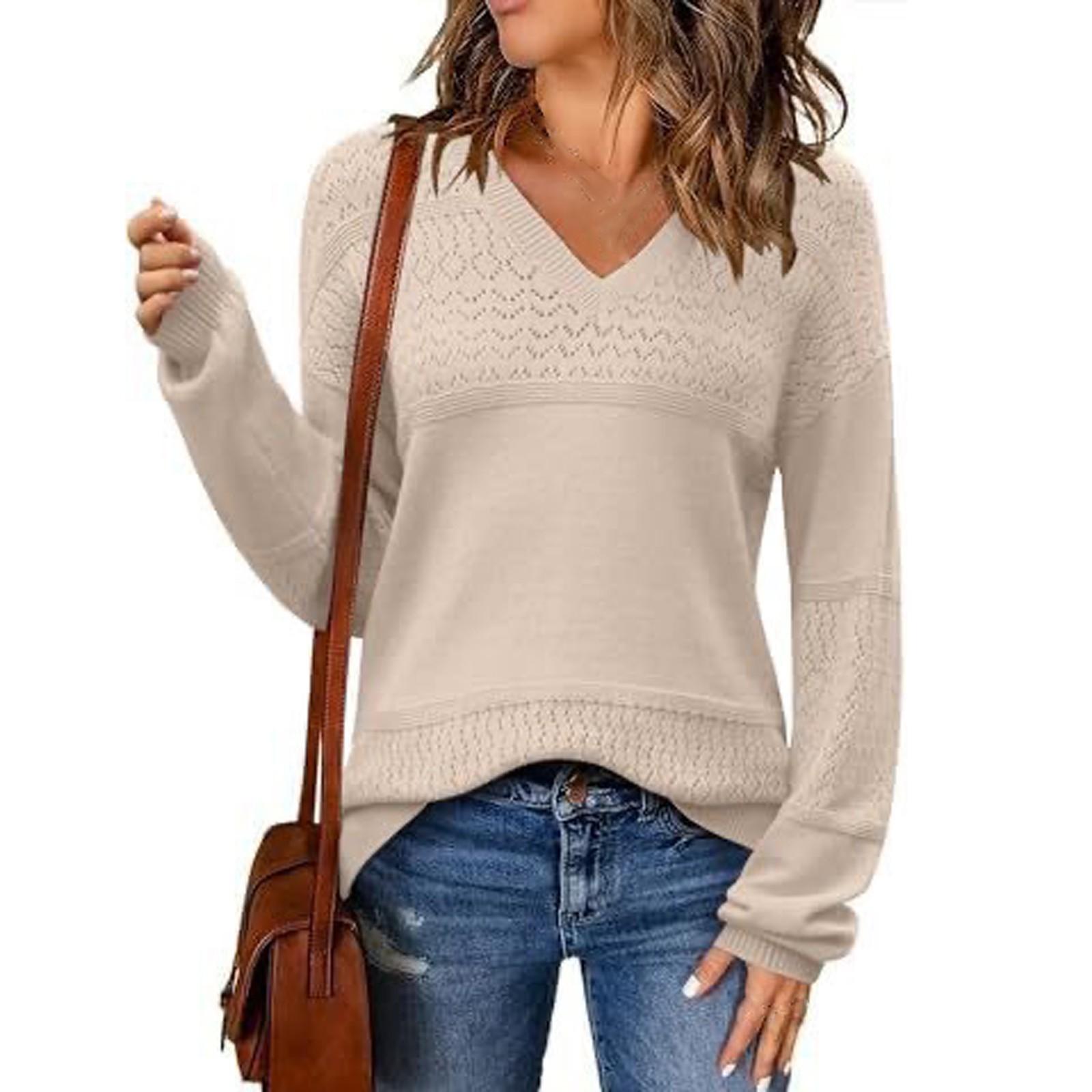 

Темперамент Контрастный однотонный свитер с V-образным вырезом и ажурной вязкой в рубчик L бежевый