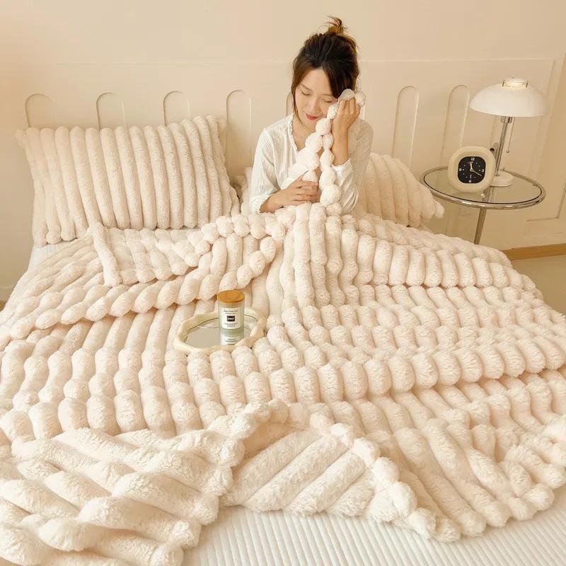 Solid Thickened Wide Striped Flannel Multifunctional Throw Blanket Luxury Faux Rabbit Fur Warm Bed Blankets Sofa Blanket,nap Blanket