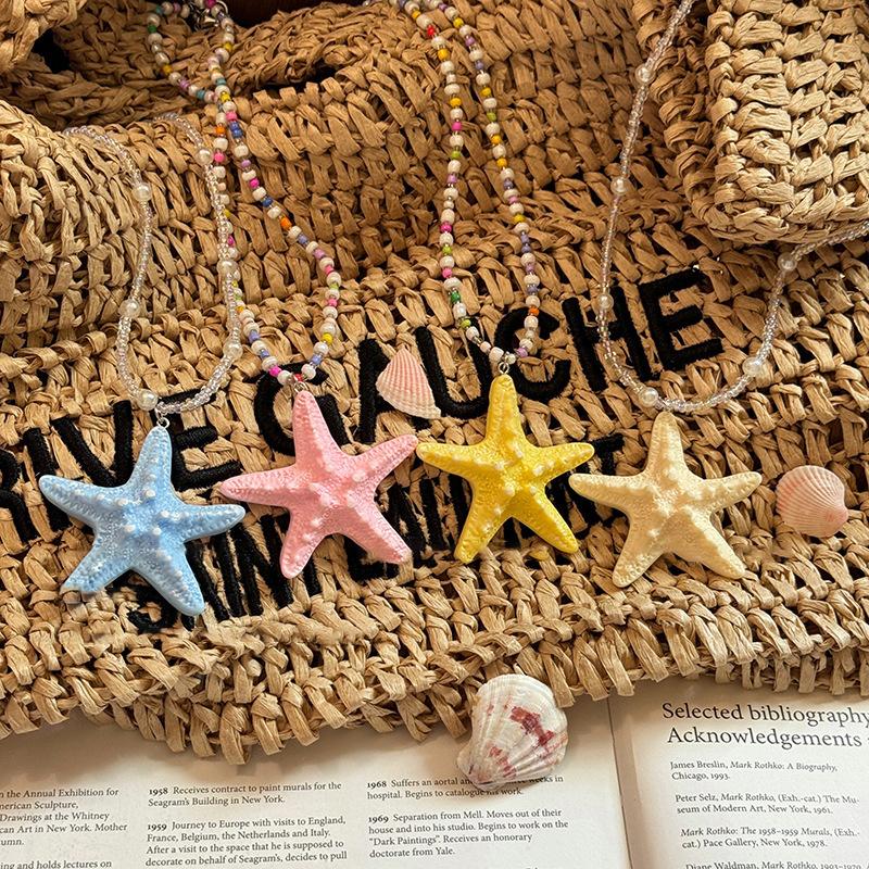 Dopamine Long And Short Beaded Starfish Necklace For Women Summer Seaside Holiday Style Exaggerated Clavicle Chain Accessories