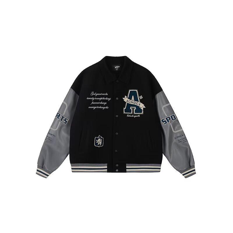 Vintage College Style Embroidered Letter Baseball Jacket Men Women Stand Collar Loose Fit Outerwear