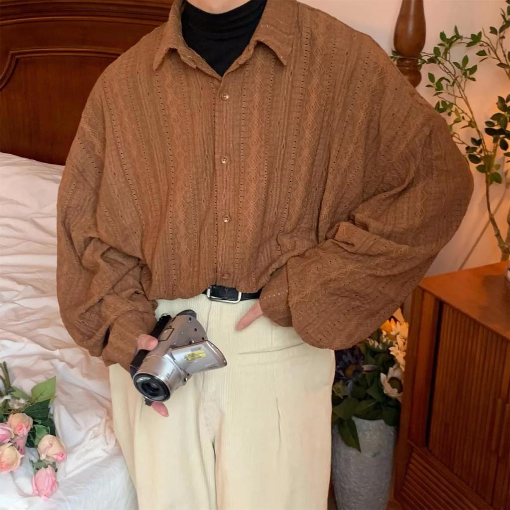 Men's Summer Hollowed Out Design Loose Casual Shirt Handsome Long-sleeved Air Jacket