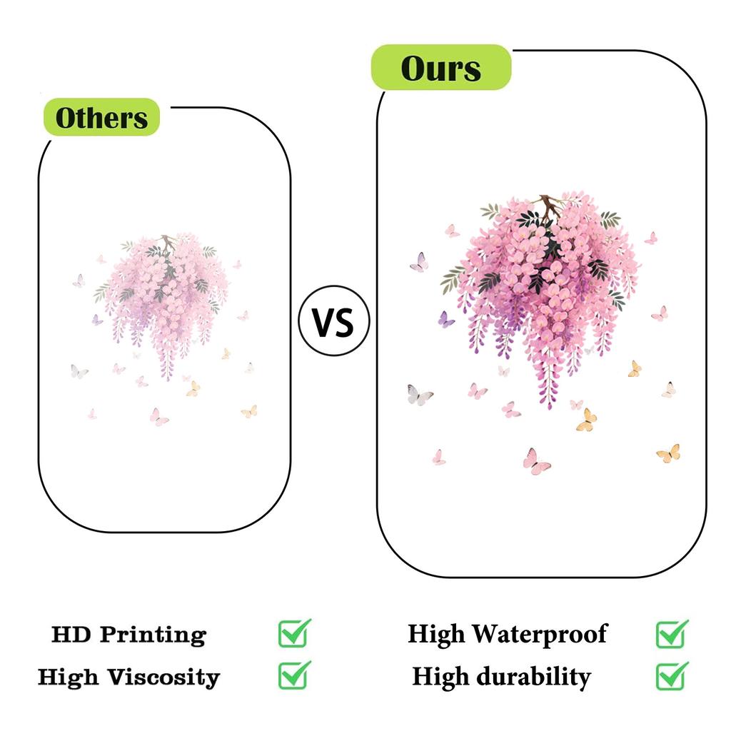 Pink Vine Flower Butterfly Static Cling Window Sticker Double Sided for Home Decor Bedroom Living Room
