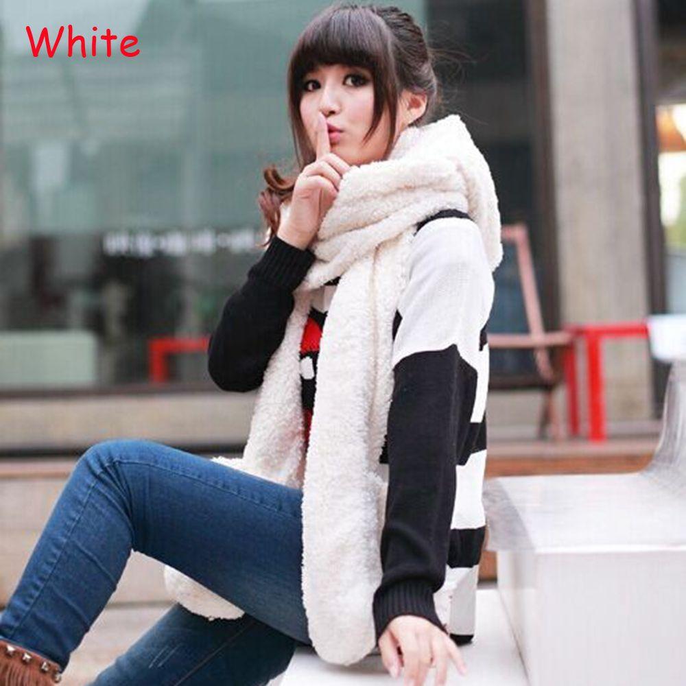Cute Long Warm Plush Velvet 3 In 1 Hooded Scarf Pocket Gloves Hats