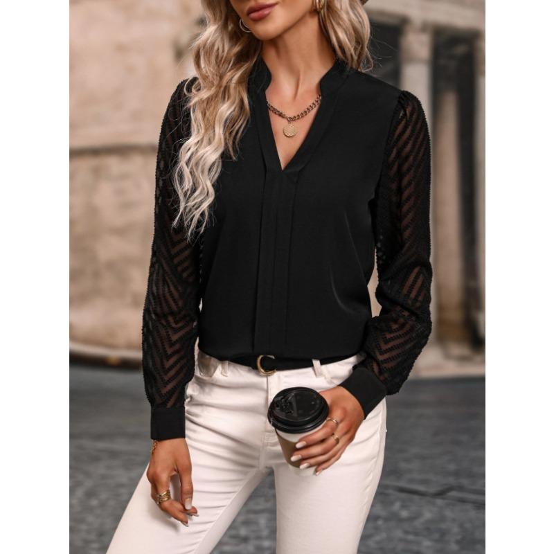 JKASHDK Damenmode, lässig, Frühling und Herbst, einfarbig, langärmelig, V-Ausschnitt, Blusen und Hemden