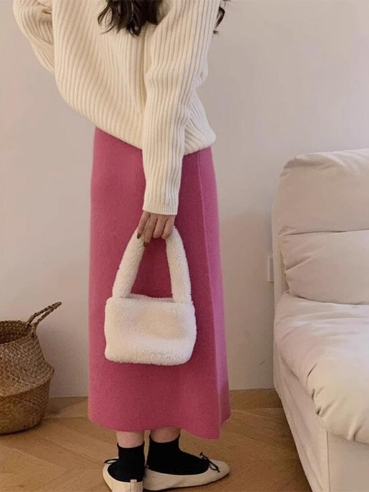 Women's Mid-Length White Cashmere Pencil Skirt with High Waist and Raccoon Fur Knit for Autumn and Winter