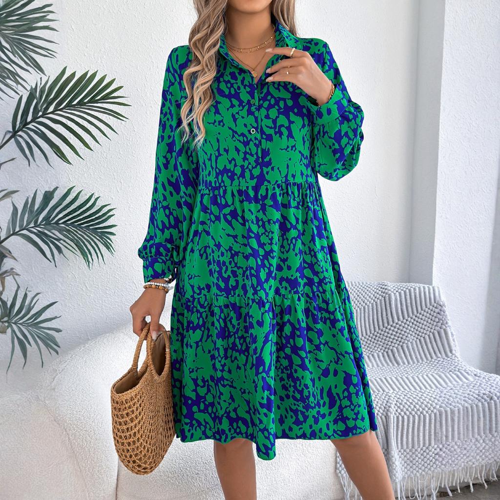 Women's Summer Fashion Printed Lapel Button Loose Long Sleeved Shirt Dress