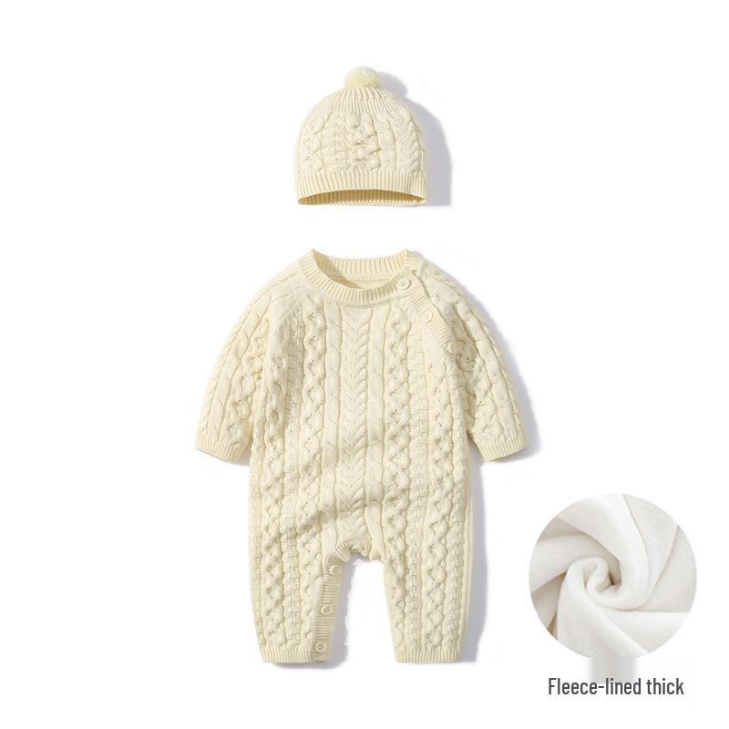 Wool Knitted Baby Onesie with Fleece Lining - Winter Crawling Suit for 100-Day or First Birthday