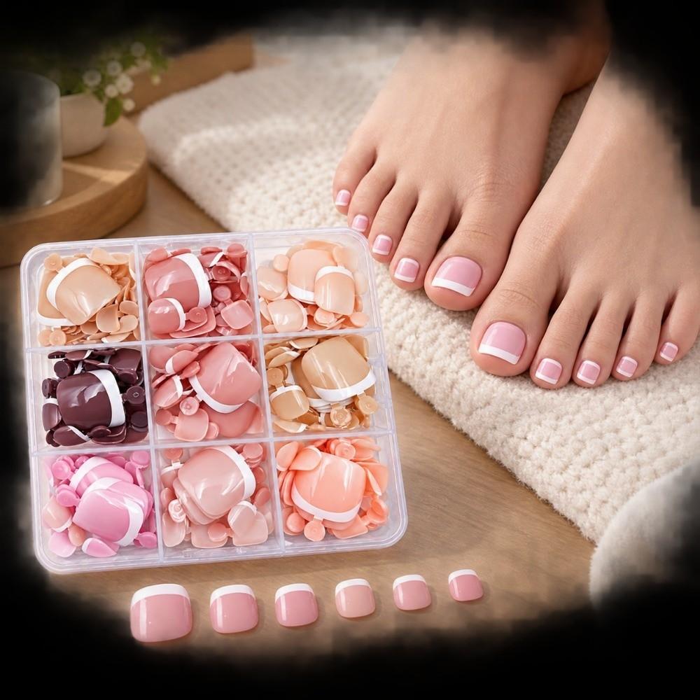216pcs Glossy Finish Fake Feet Toenails Short Square Shape False Toenails Kit Party Wear