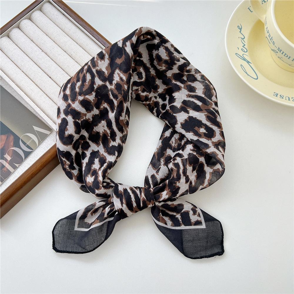 55 Leopard Print Cotton And Linen Silk Scarf Women'S Small Square Scarf Neck Protection Headscarf Decorative Scarf Fashionable Foreign Style Scarf