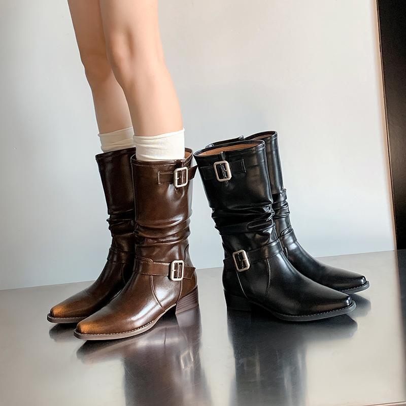 Fashion 2024 Autumn/winter Women Boots Square Toe Chunky Heels Boots for Women Fold Chelsea Belt Buckle Boots Mid-calf Women Shoes