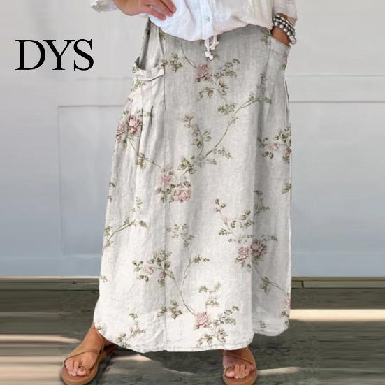 Women Summer Skirt Maxi Elastic Waist Flower Leaf Printed Casual Bohemia Style A-Line Loose Bubble Beach with Pockets A-line
