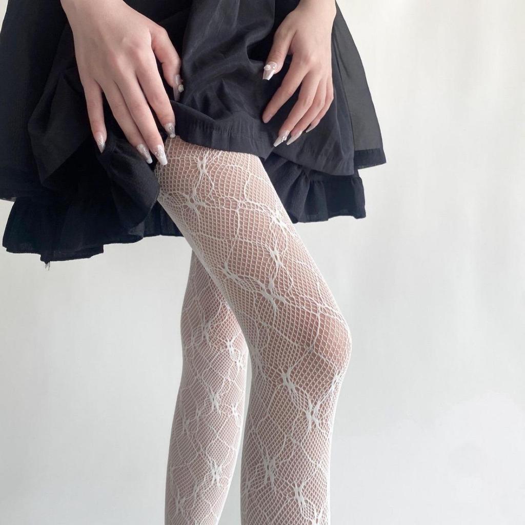 Spring-Summer Lace Mesh Floral Fishnet Stockings - Versatile Lolita Style for Women In White & Black