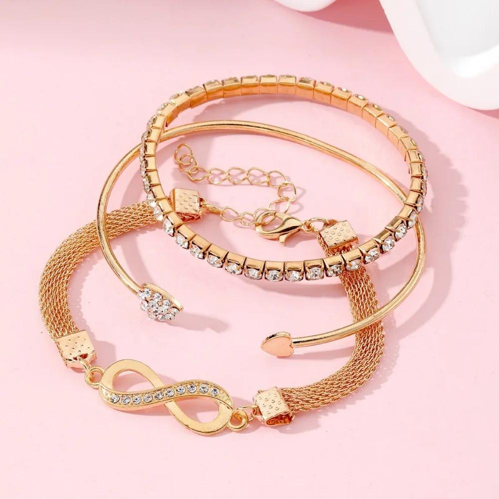 1/3 pièces Bracelets Cœur en Strass Cristal pour Femmes Mode Géométrique Réglable Infini Manchette Bangle Bijoux
