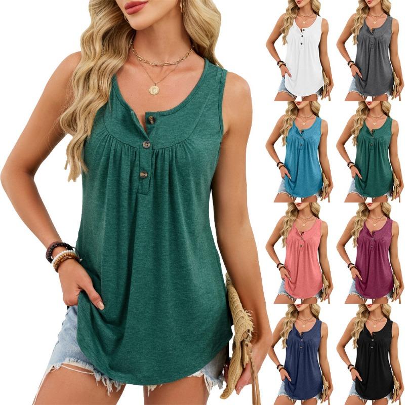 Summer New Solid Color Round Neck Button T-shirt Sleeveless Comfortable Casual Pullover Vest for Women