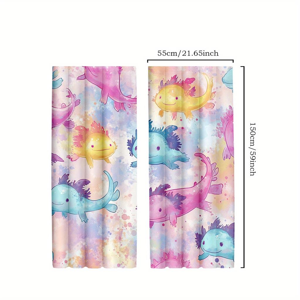 2pcs Kawaii Axolotl Blackout Curtains   Colorful Tie Dye Salamander Design Drapes