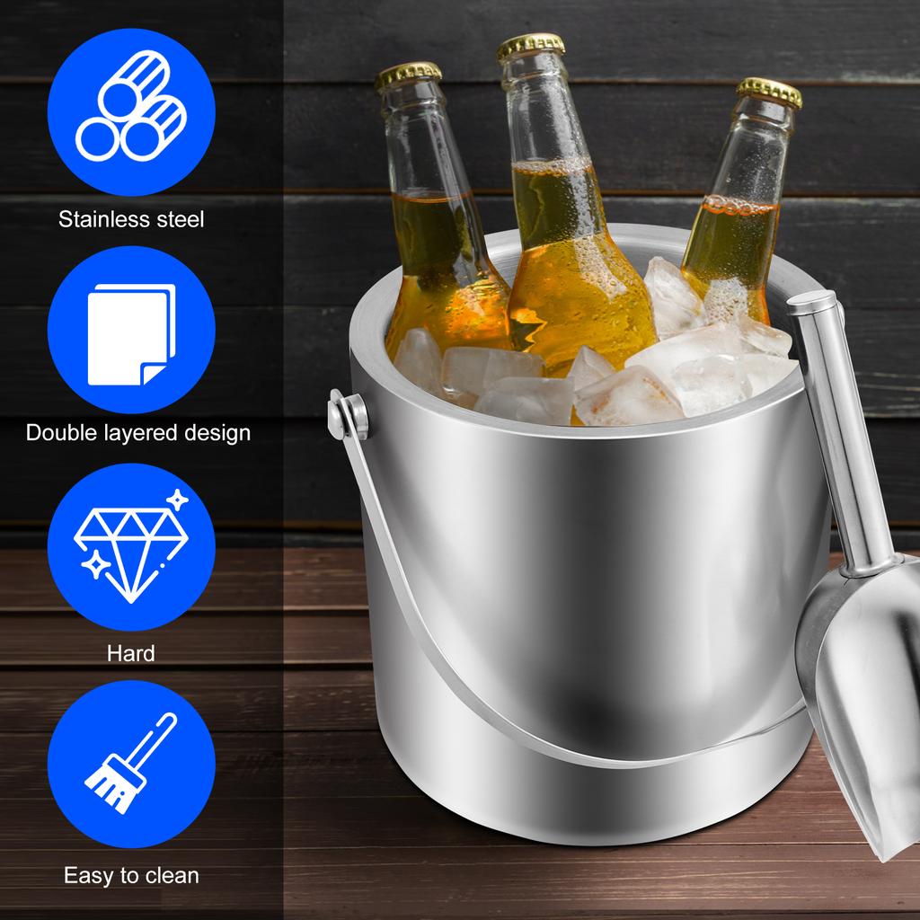 2L Ice Bucket with Handle Double Wall Insulated Ice Buckets Container Stainless Steel Ice Cube Bucket for Cocktail Bar Parties