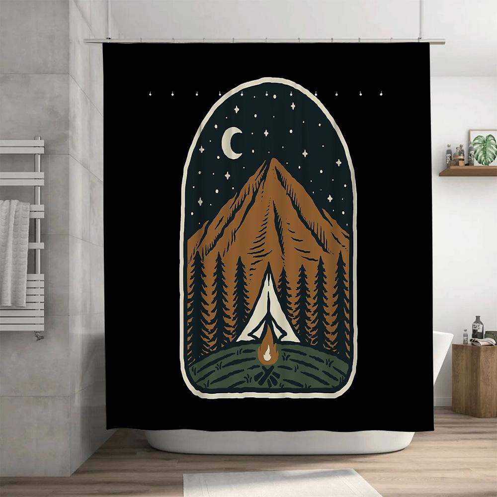 Mountain Forest Campfire Nature Landscape Shower Curtain Woodsy Hiking Backdrop Tent Camping Decor Rustic Home Decor