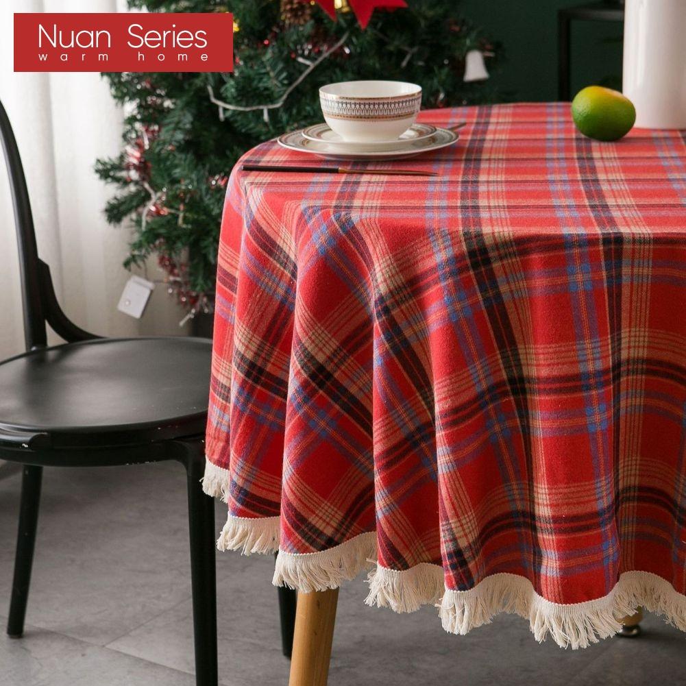 1PC Nuan Series Christmas Plaid Printed Tassel Edge Table Cloth Retro Party Decoration Table Cloth for Kitchen Dining Table Coffee Table Home Decor