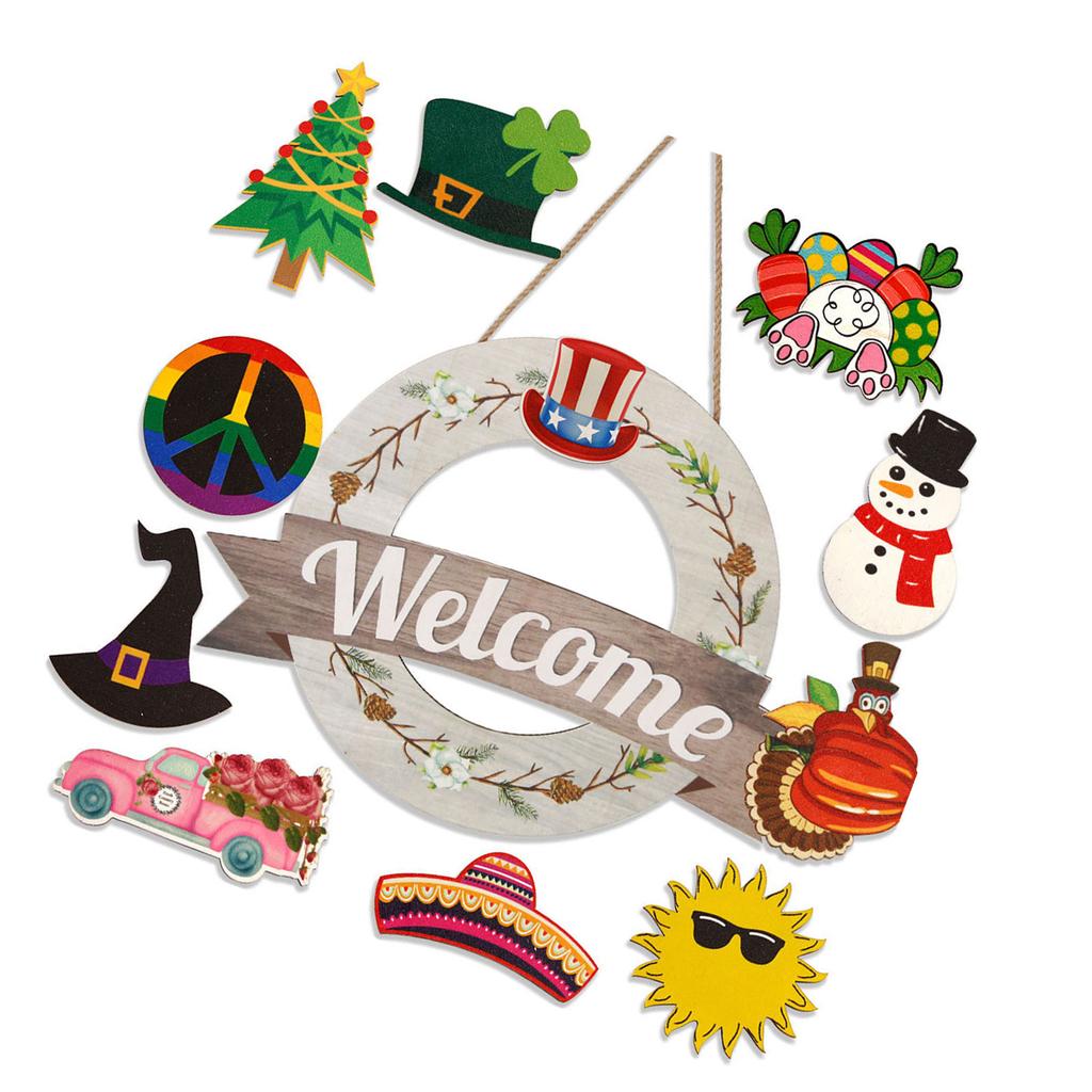 Welcome Door Sign Christmas Decors Seasonal Front Door Wood Welcome Sign with Interchangeable Farmhouses Wall Hangings