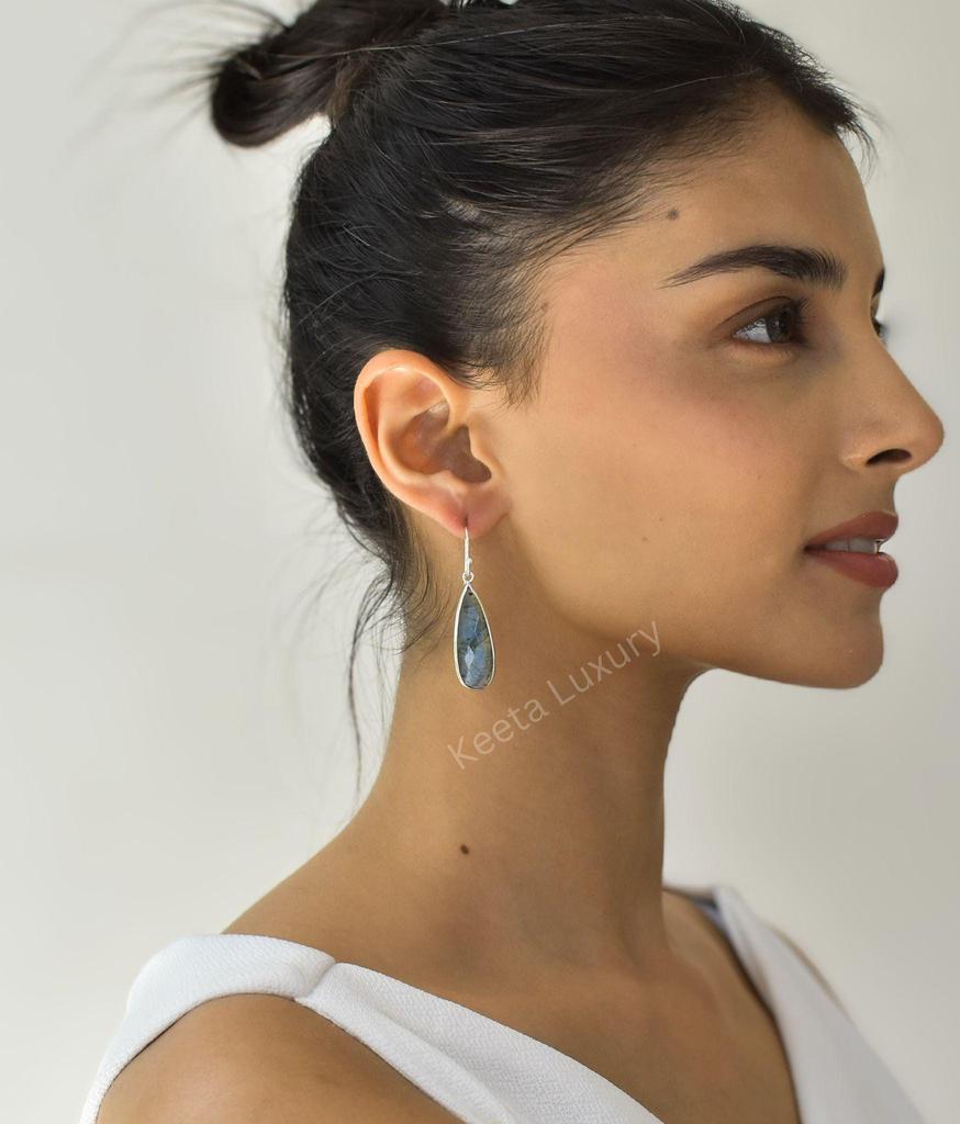 Natural Labradorite Teardrop Dangle, Sterling Silver Long Earrings, Crystals Bohemian Simple Jewelry for Women, Unique Cute Gift Ideas