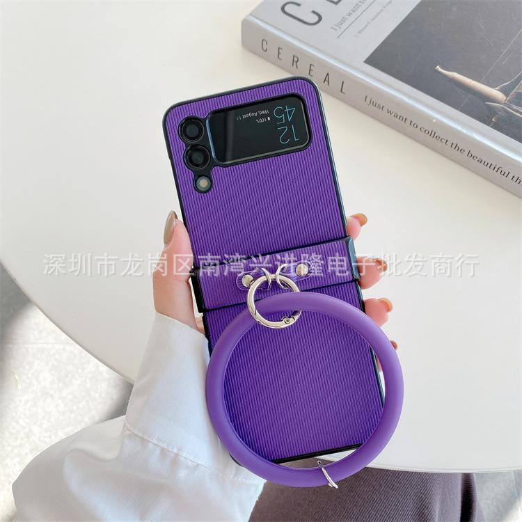 Applicable To Samsung ZFlip3 Mobile Phone Case Solid Color Twill Hand Hanging Ring Zflip4 Japanese and Korean Back Cover Integrated Hard Prot