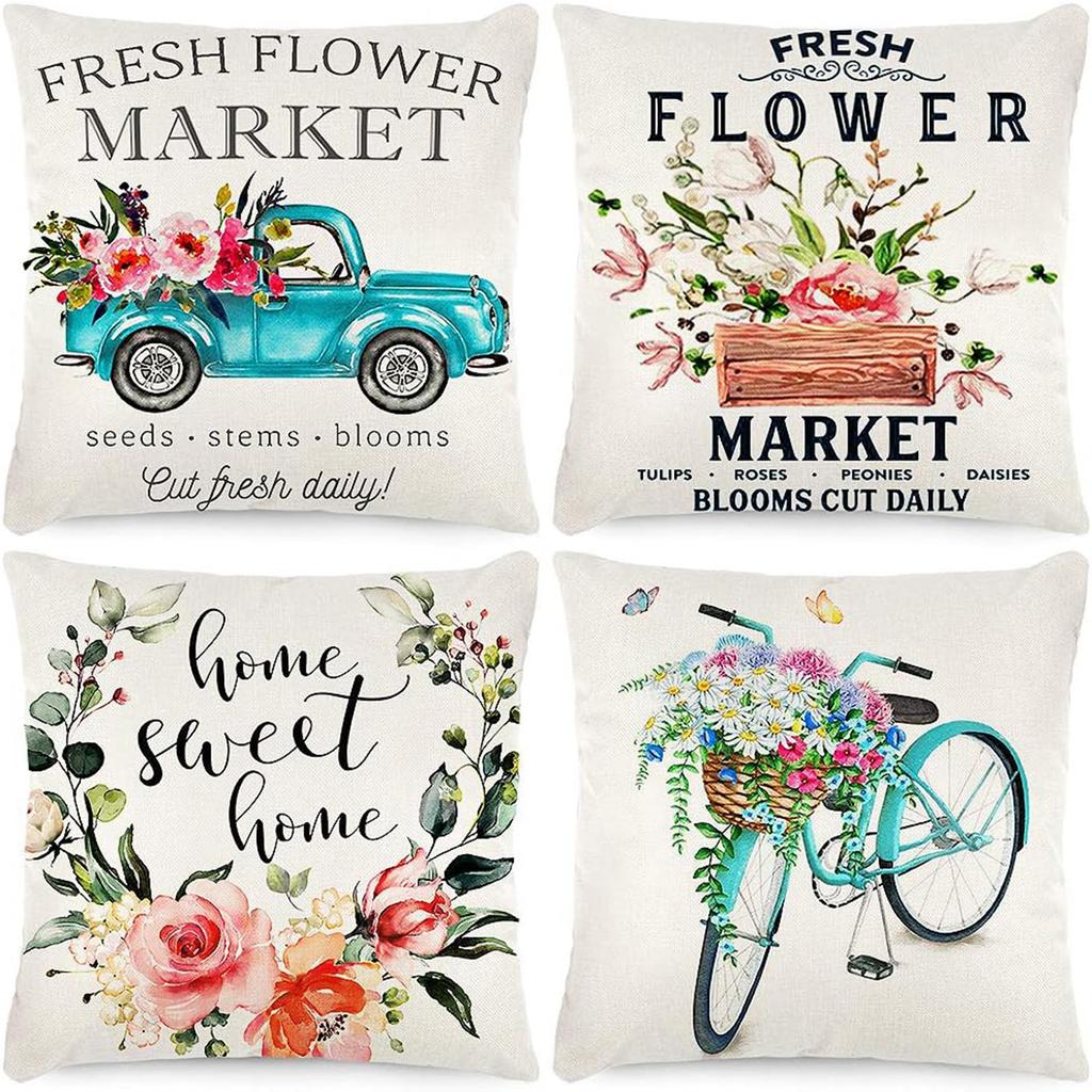 New Spring Fresh and Beautiful Linen Pillowcase Sofa Bedside Plant Flower Pillow Cushion Cover