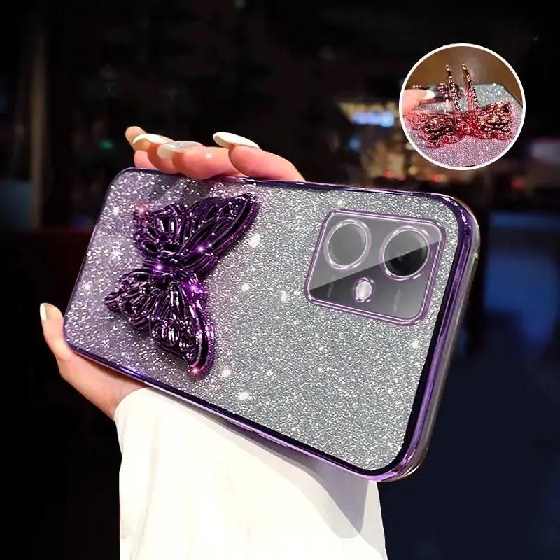 3D Butterfly Phone Holder Crystal Bracelet Glitter Plating Case for Xiaomi POCO X5 Pro 5G Back Cover