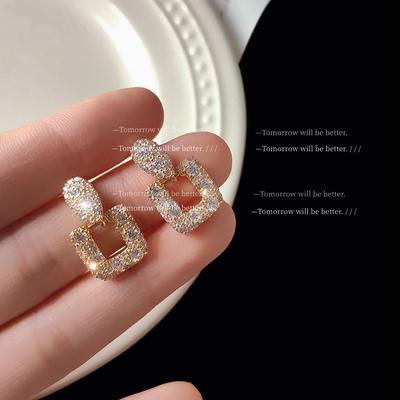 Super Flash Micro-inlaid Zircon 925 Silver Needle Plated 14K Japanese and Korean Ins Square Geometric Earrings, Earrings Stud Earrings