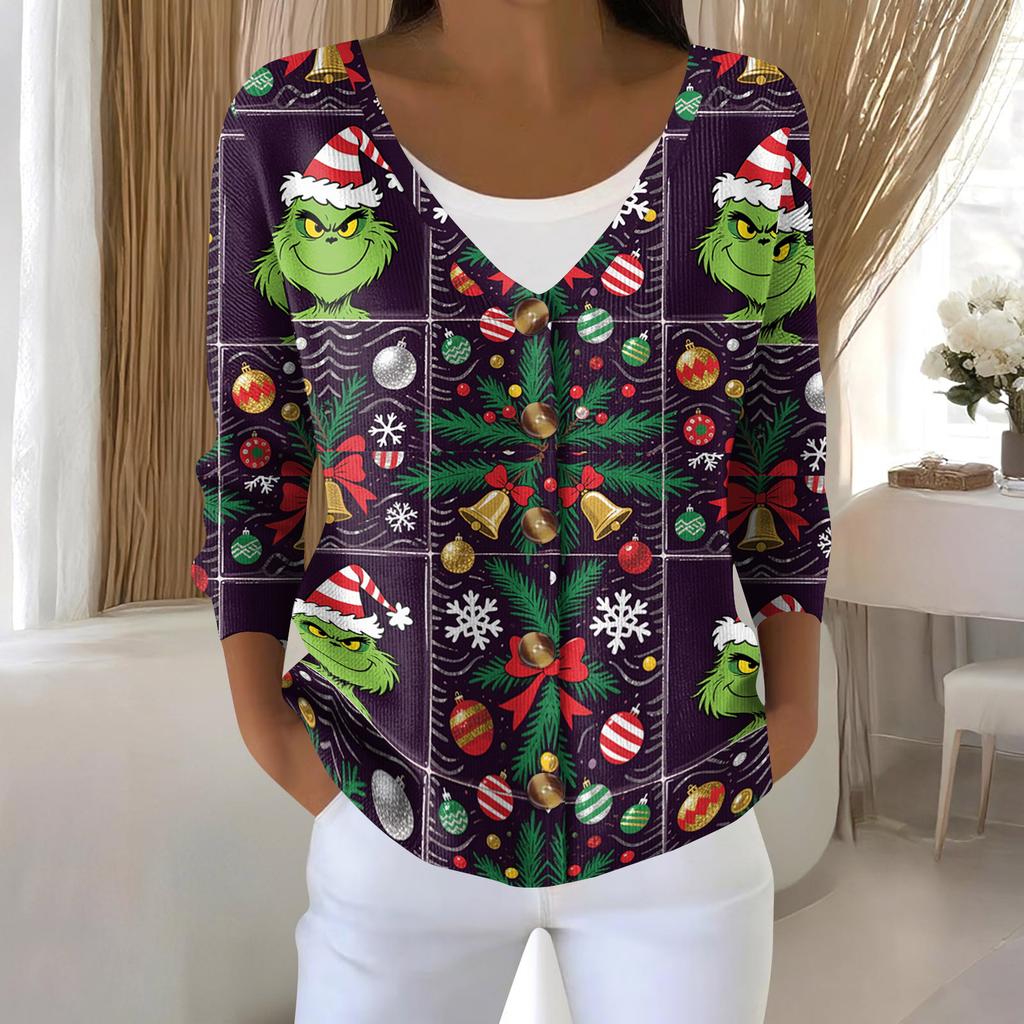 Women's Fashion Long Sleeve Christmas Snowman Snowflake Print Jacket Cardigan