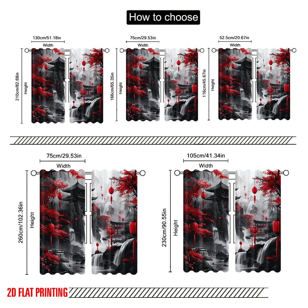 2pcs,2D Plane Printing Light Filtering Curtains Crimson Cascade Durable 100% Polyester Fabric (without Rod) Art Deco Festive