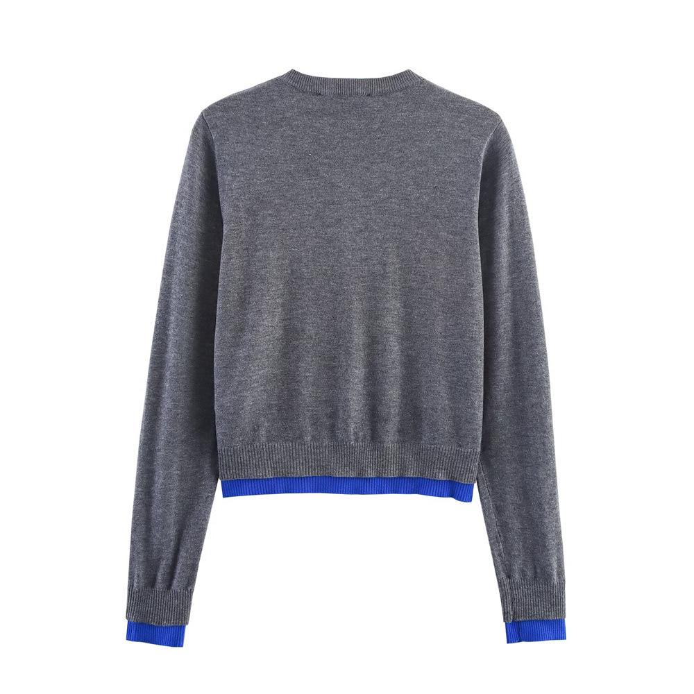 European & American Style Autumn Women's Color Block Patchwork Knit Cardigan Sweater with Round Neck and Single-Breasted Design