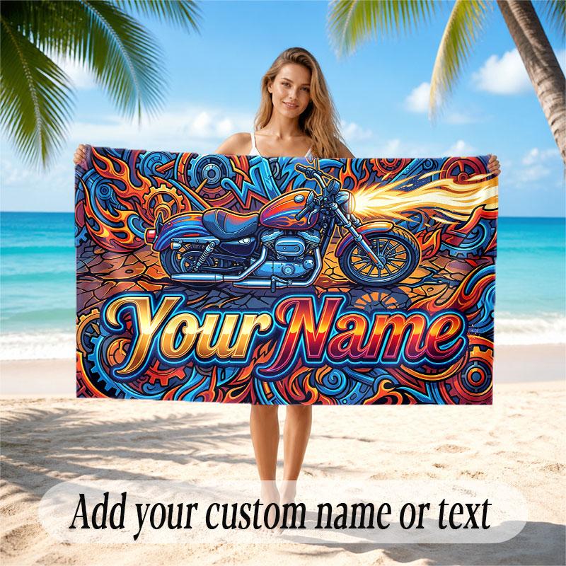 Motorcycle Theme Soft Beach Towel Personalized Custom Name Text Towel Portable for Beach Pool Travel