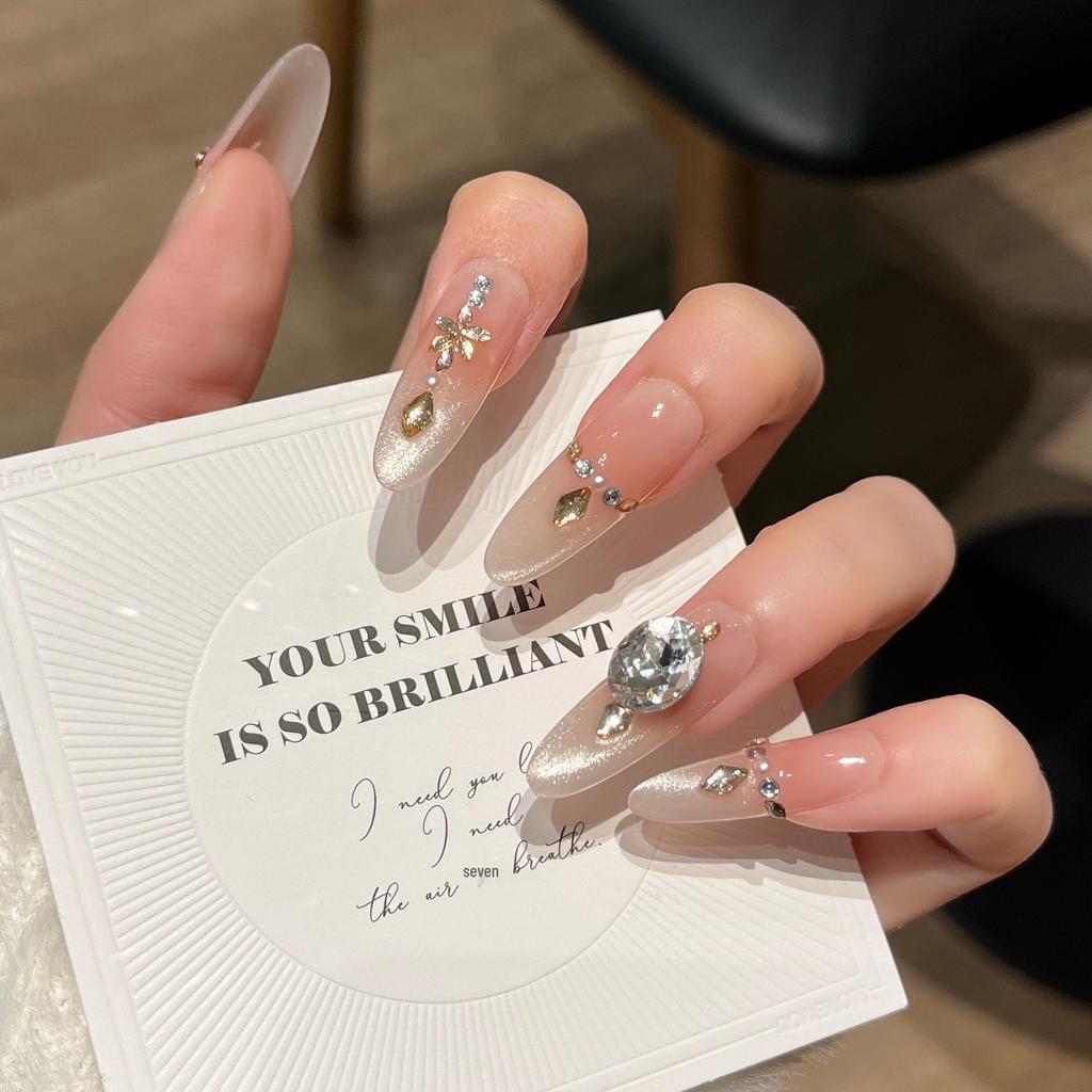 Handmade Cat Eye Nail Tips, Medium-Long, Nude, Exquisite High-End Feel