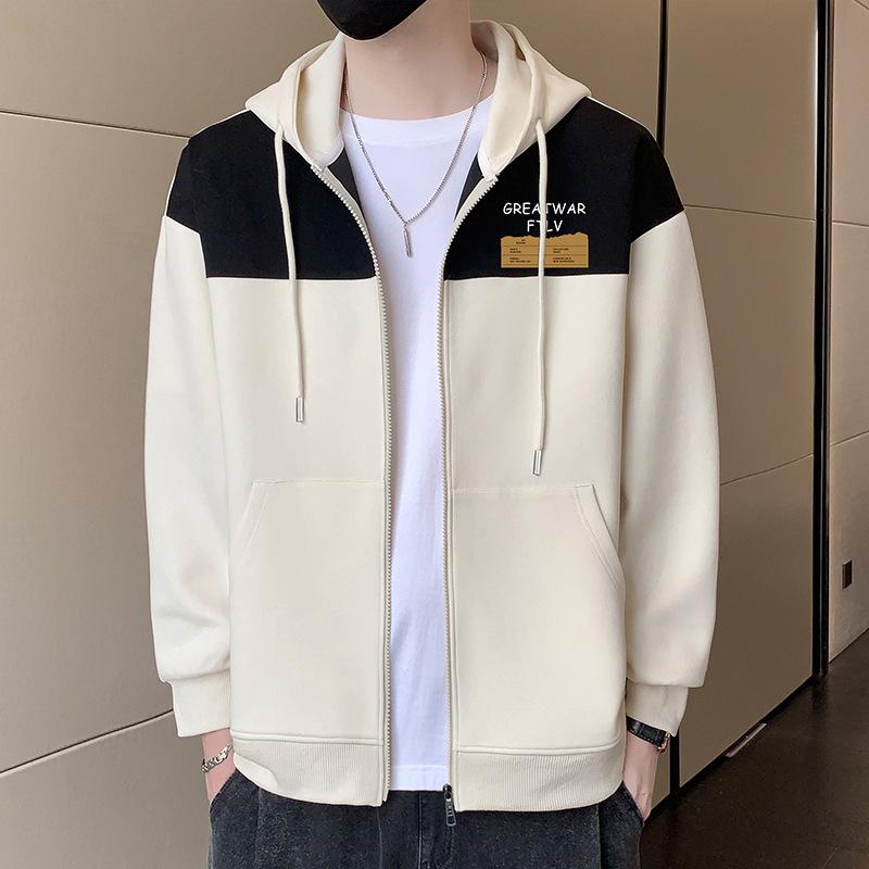 Hooded Cardigan Sweater Jacket Men's Autumn American Loose Top Clothes Men's Color Matching Casual Jacket