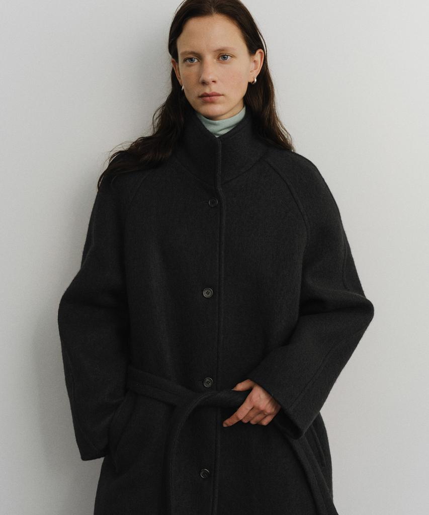 URAGO Wool High Neck Belted Coat_Dark Navy