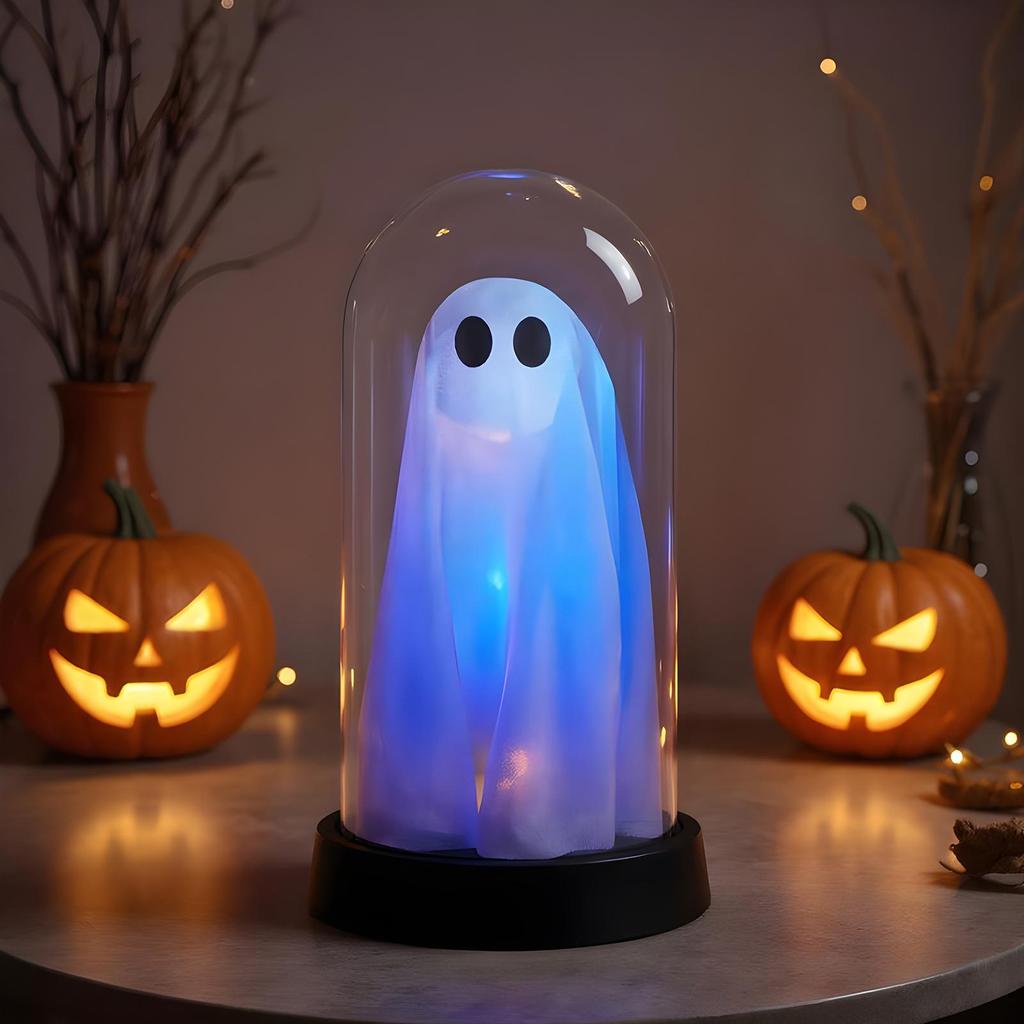 Ghost Night Light Light Up Ghost in Cloche Scary Cute LED Battery Operated Tabletop Lamp for Party Kitchen Holiday Halloween