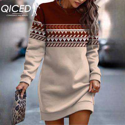 Herbst/Winter Damen Bedrucktes Sweatshirtkleid mit Rundhalsausschnitt