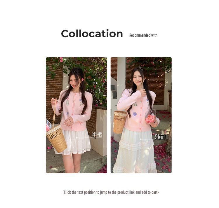 Women's Spring Pink Knit Cardigan with Floral Embroidery and Turn-down Collar