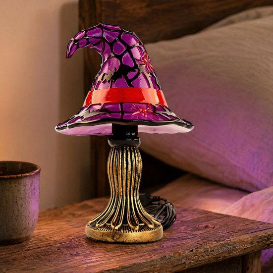Halloweenový čarodějnický klobouk Stolní lampa, USB vitrážová čarodějnická klobouková lampa, Vintage gotický kouzelnický klobouk Dekorativní noční světlo pro domov, ložnici