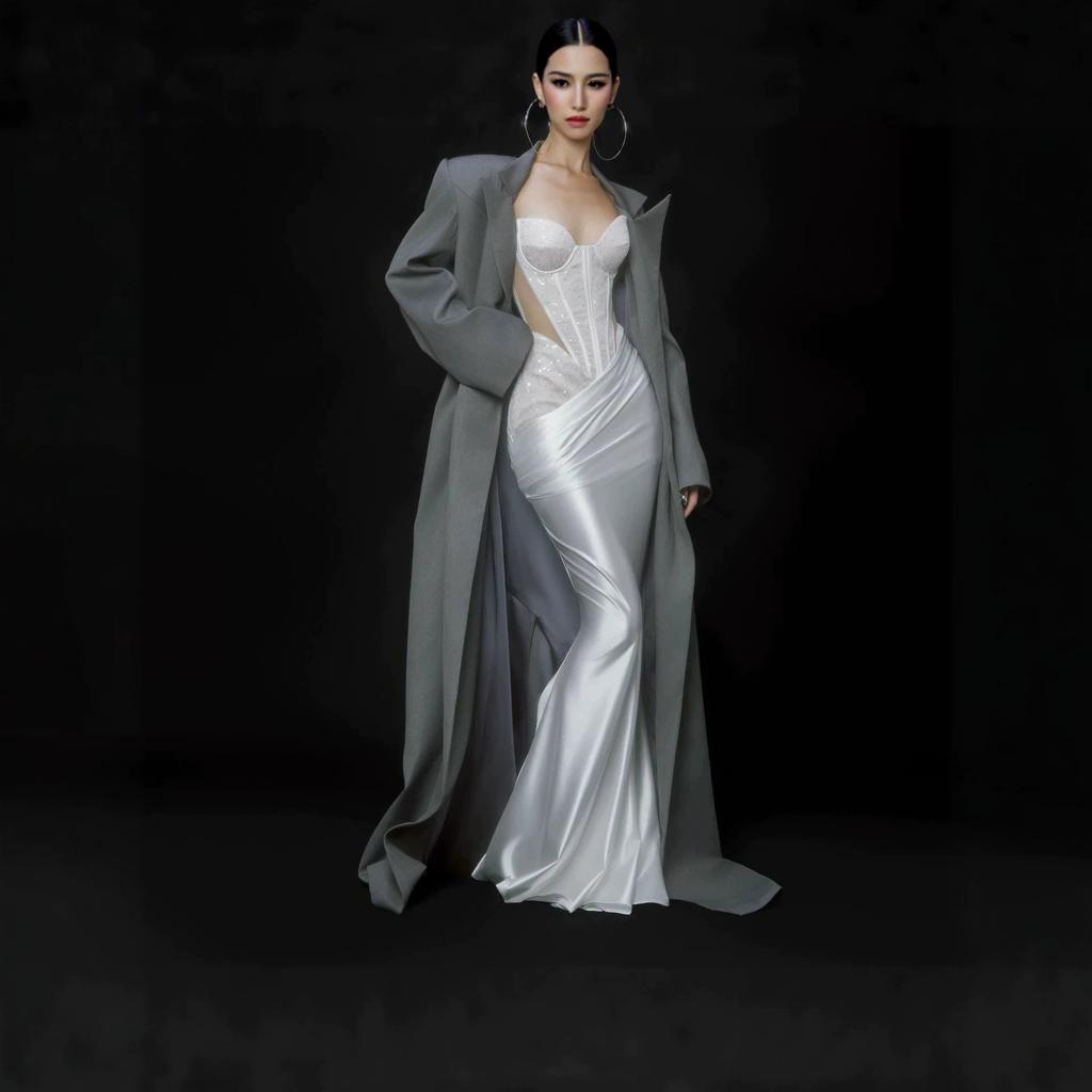 High temperament white tube top lace sequined fishtail skirt waist thin wedding evening dress